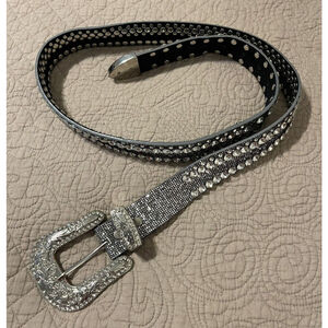 Western Rhinestone Studded Belt Cowgirl Rodeo Pageant Bling Buckle Black Leather